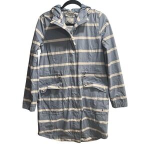 Joules Right as Rain Waterproof Parka Blue White Stripe Hooded Coat US 8 UK 12